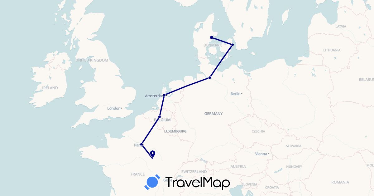 TravelMap itinerary: driving in Belgium, Germany, Denmark, France, Netherlands (Europe)